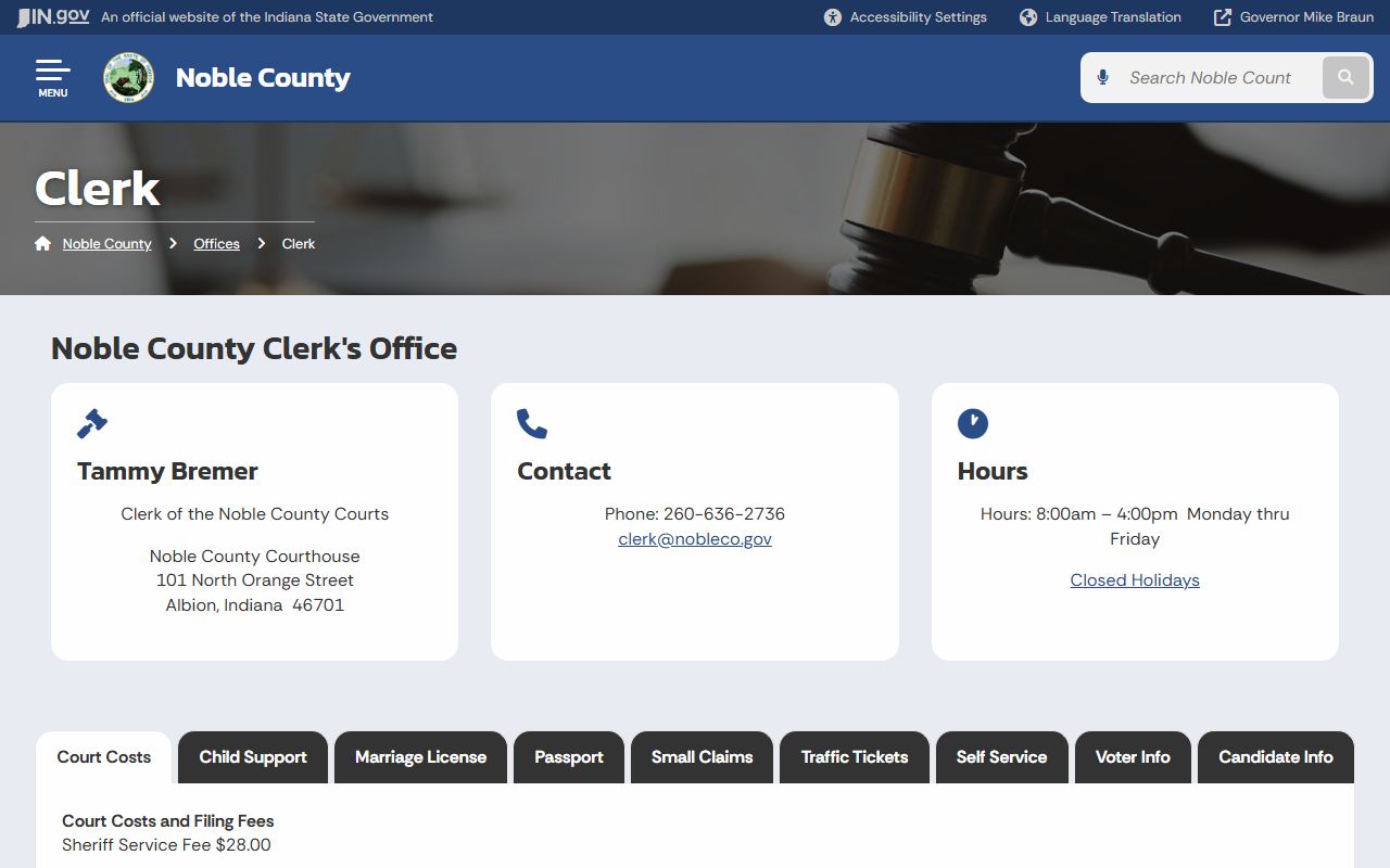 Noble County court dockets clerk access page