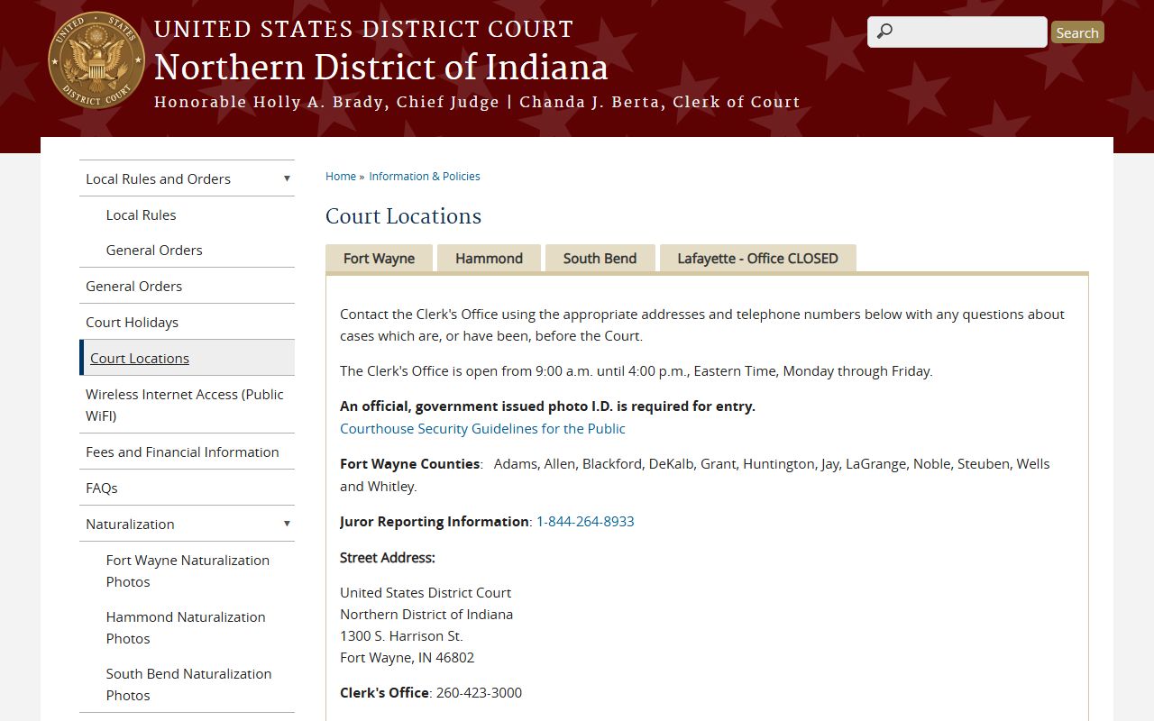 Noble County Circuit and Superior Courts Northern District location reference
