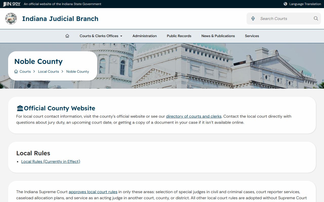 Noble County Court records Indiana Judicial Branch local court page