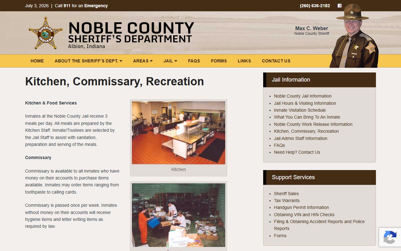 Noble County inmate records commissary and recreation information