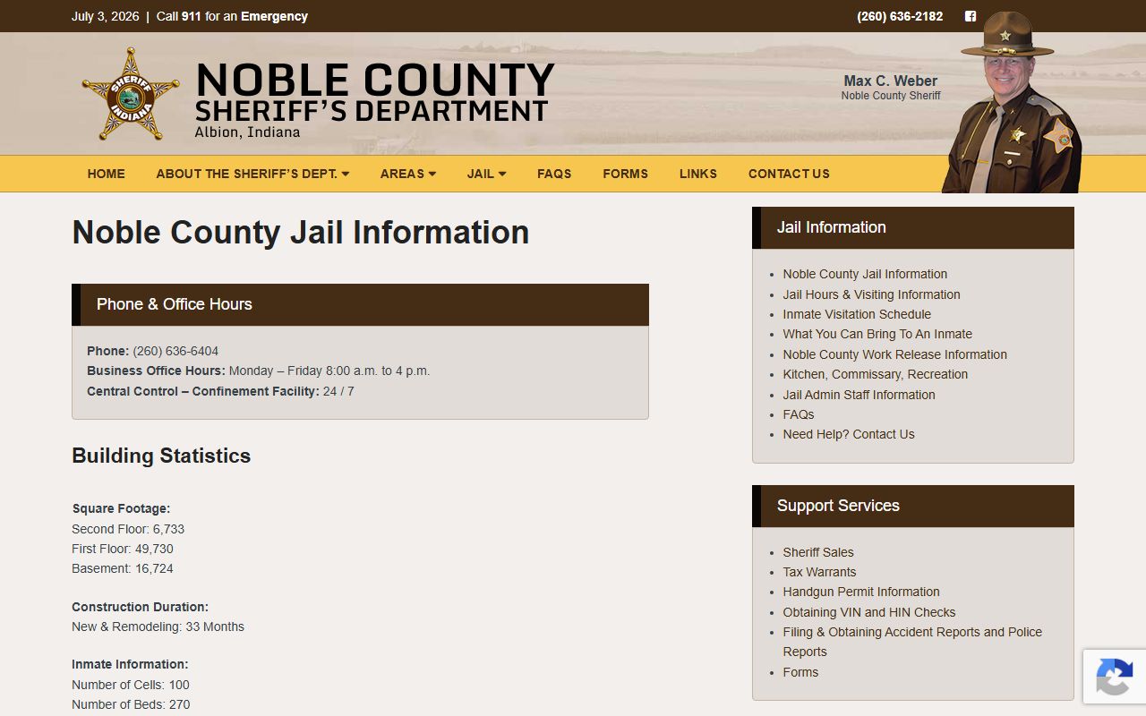 Noble County inmate search jail information page