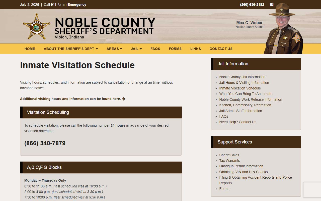 Noble County inmate visitation schedule records