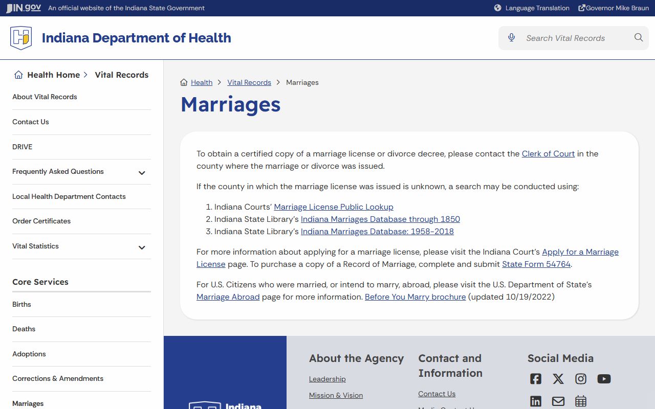 Noble County marriage records and Indiana Department of Health marriage records