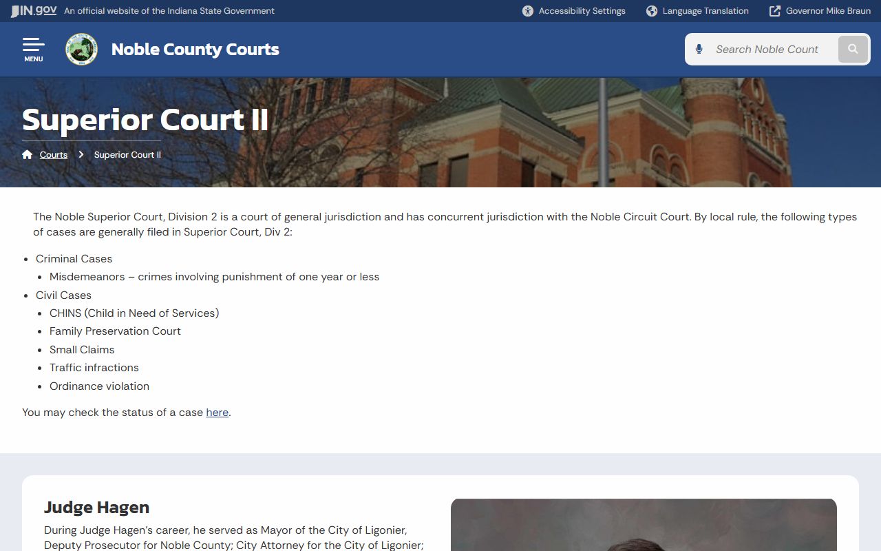 Noble County traffic court records on the Superior Court II page