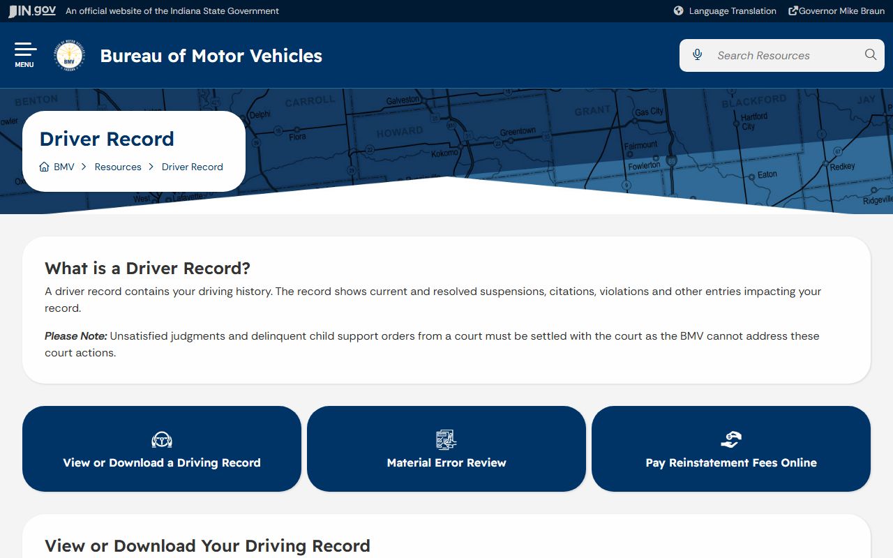 Noble County traffic court records and Indiana BMV driver record access